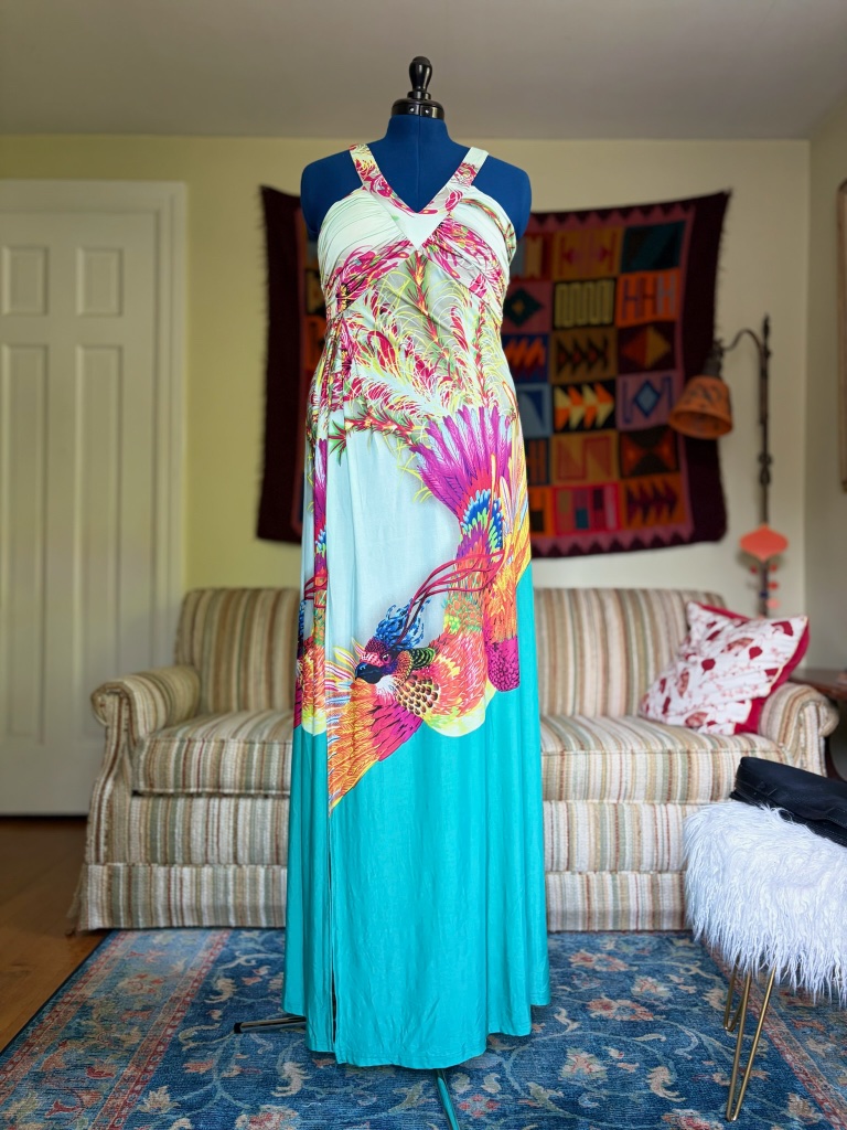Strappy Turquoise Tropical Bird Print Maxi Dress